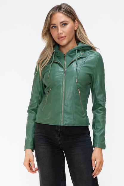 Faux Leather Zip Up Drawstring Hooded Jacket