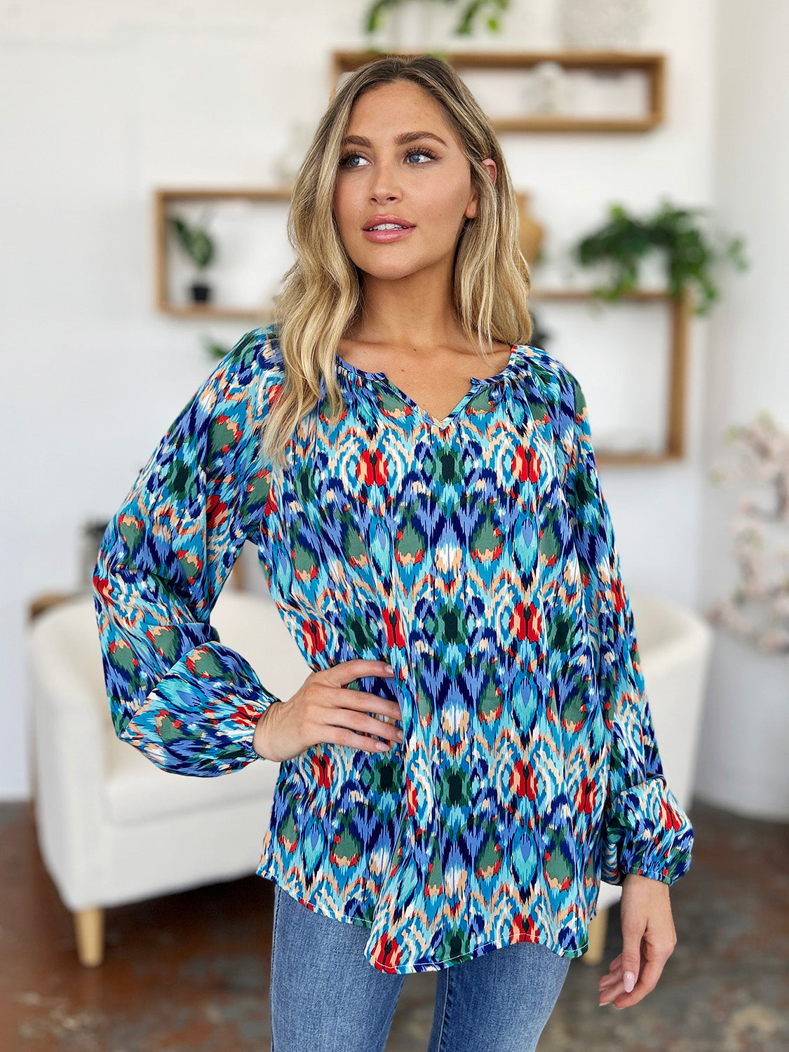 Printed Balloon Sleeve Blouse