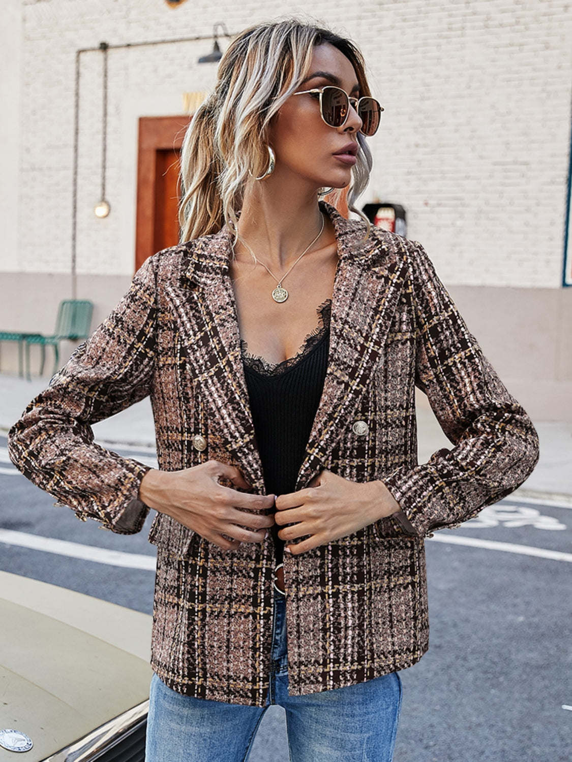 Plaid Lapel Collar Blazer