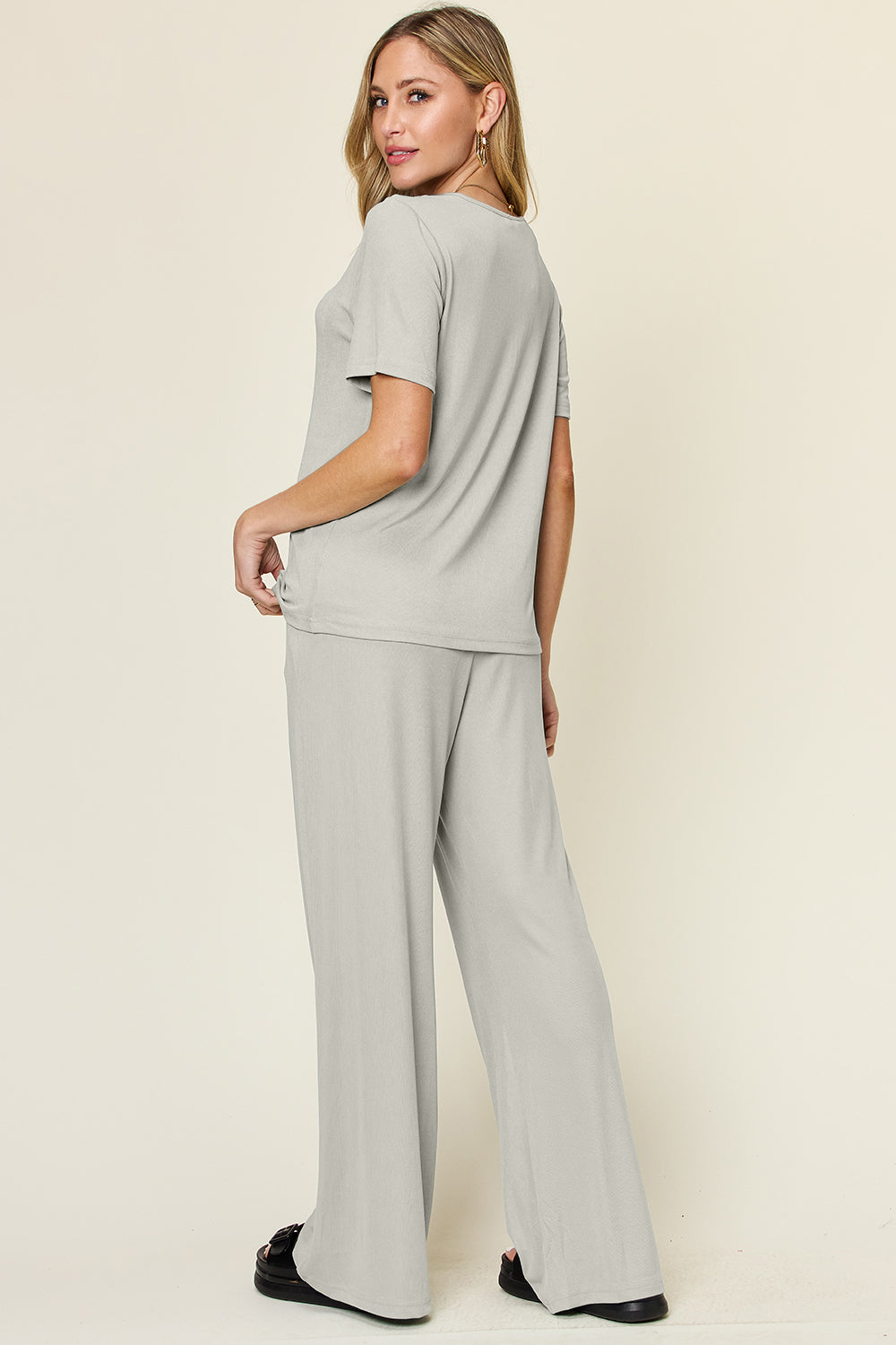 Round Neck Short Sleeve T-Shirt and Wide Leg Pants Set