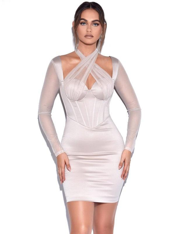 Beige Satin Mesh Long Sleeve Corset Dress Casual Womenswear Women