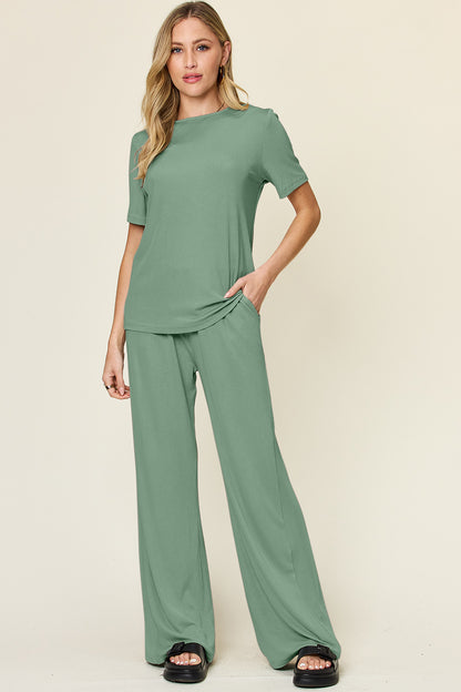 Round Neck Short Sleeve T-Shirt and Wide Leg Pants Set