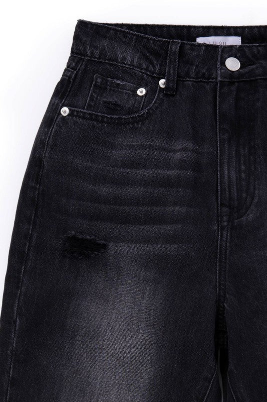 Black distressed straight jeans