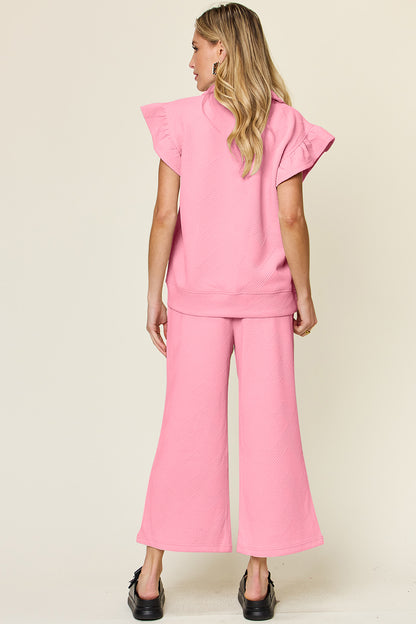 Texture Ruffle Short Sleeve Top and Drawstring Wide Leg Pants Set