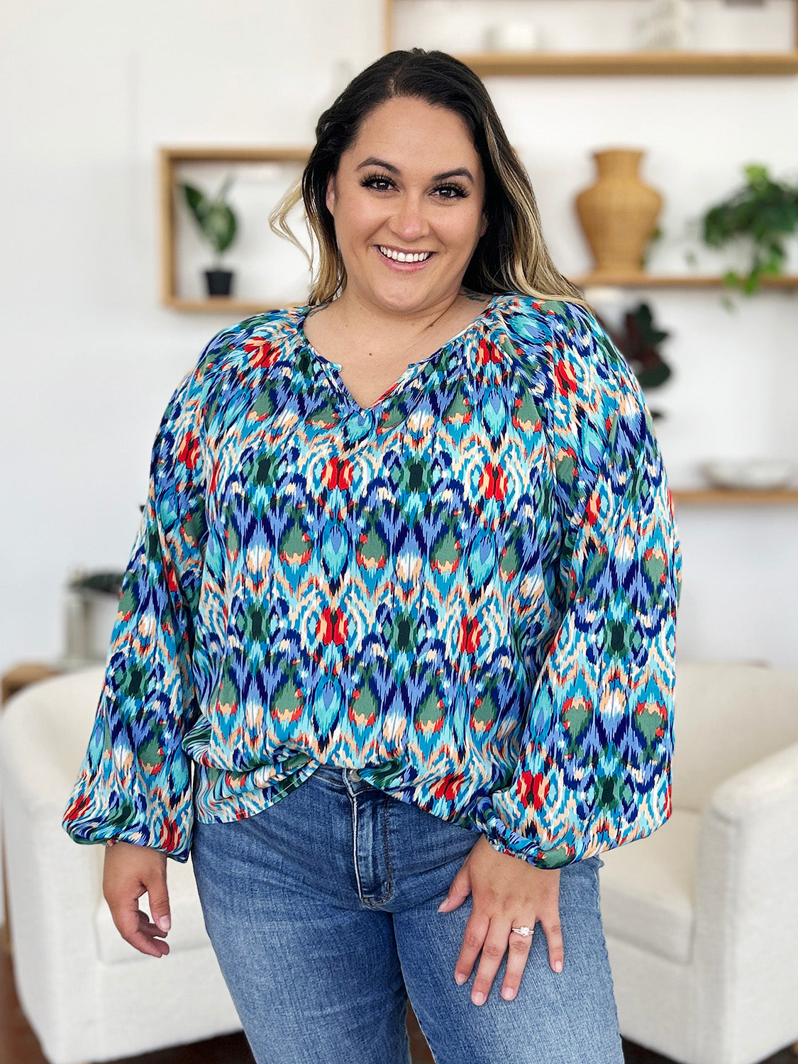 Printed Balloon Sleeve Blouse