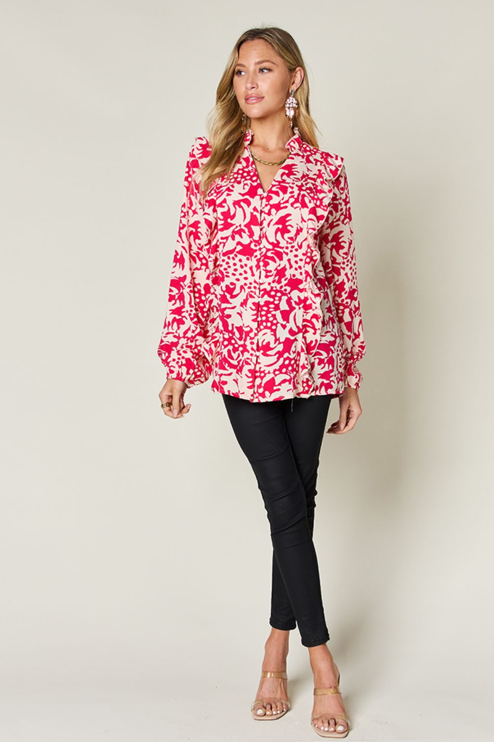 Printed Ruffle Trim Balloon Sleeve Shirt