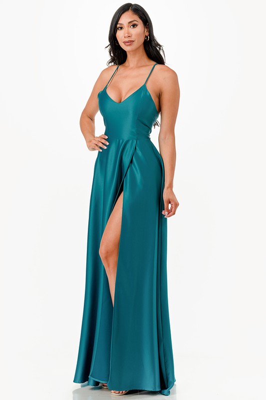 open side back spaghetti zig zag tie satin gown