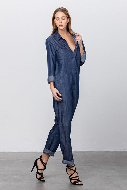 Collared Button Front Tencel Jumpsuit