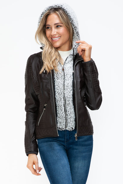 Faux Layered Double-Zipper Jacket with Fuzzy Hood