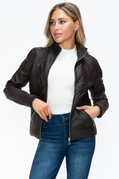 Faux Layered Double-Zipper Jacket with Fuzzy Hood