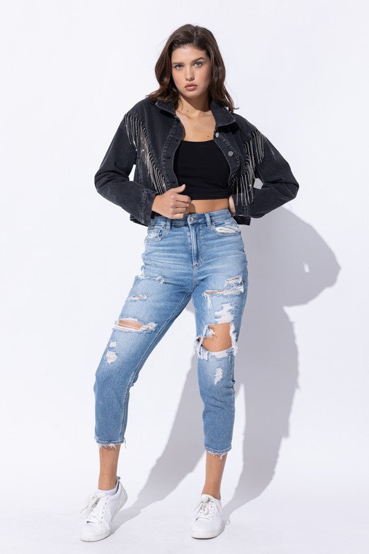 CROP DENIM JACKET WITH RHINESTONE FRINGE