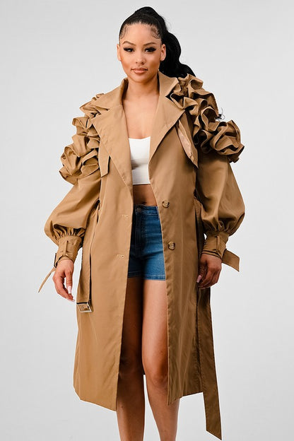 TRANSTION FLORAL SLEEVE TRENCH COAT