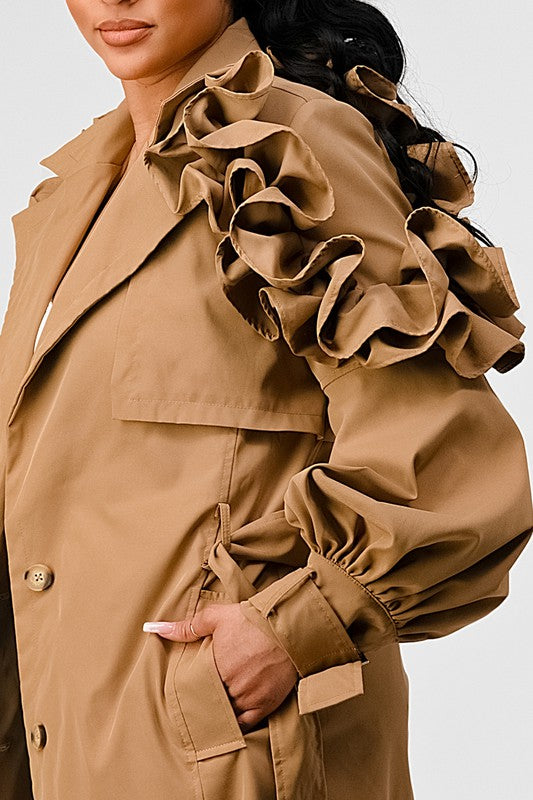 TRANSTION FLORAL SLEEVE TRENCH COAT