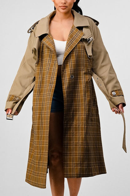 PLAID AND KHAKI CONTRAST TRENCH COAT