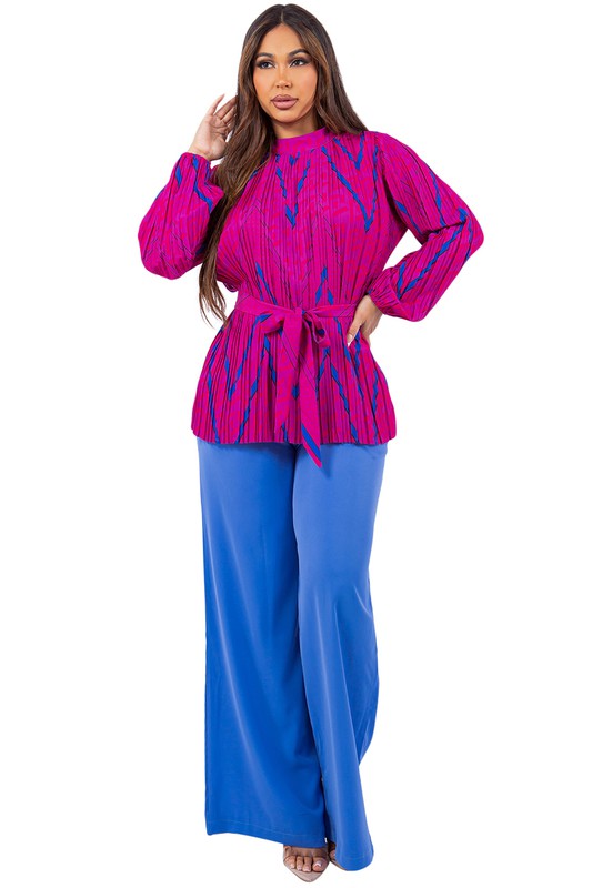 Pleated long sleeves high waist wide leg pants set