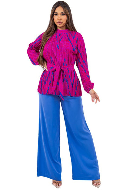 Pleated long sleeves high waist wide leg pants set