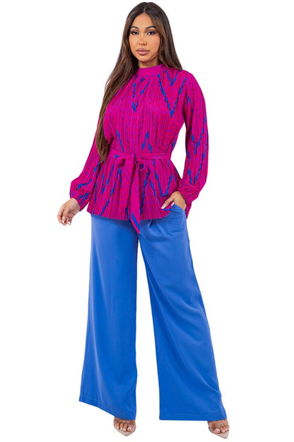 Pleated long sleeves high waist wide leg pants set