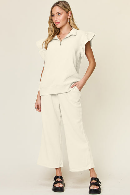 Texture Ruffle Short Sleeve Top and Drawstring Wide Leg Pants Set