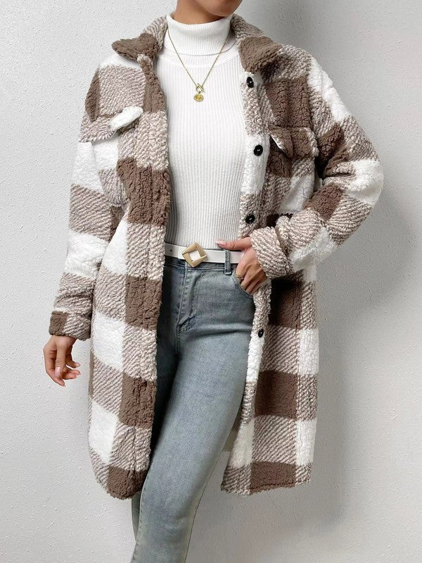 Sherpa plaid long coat