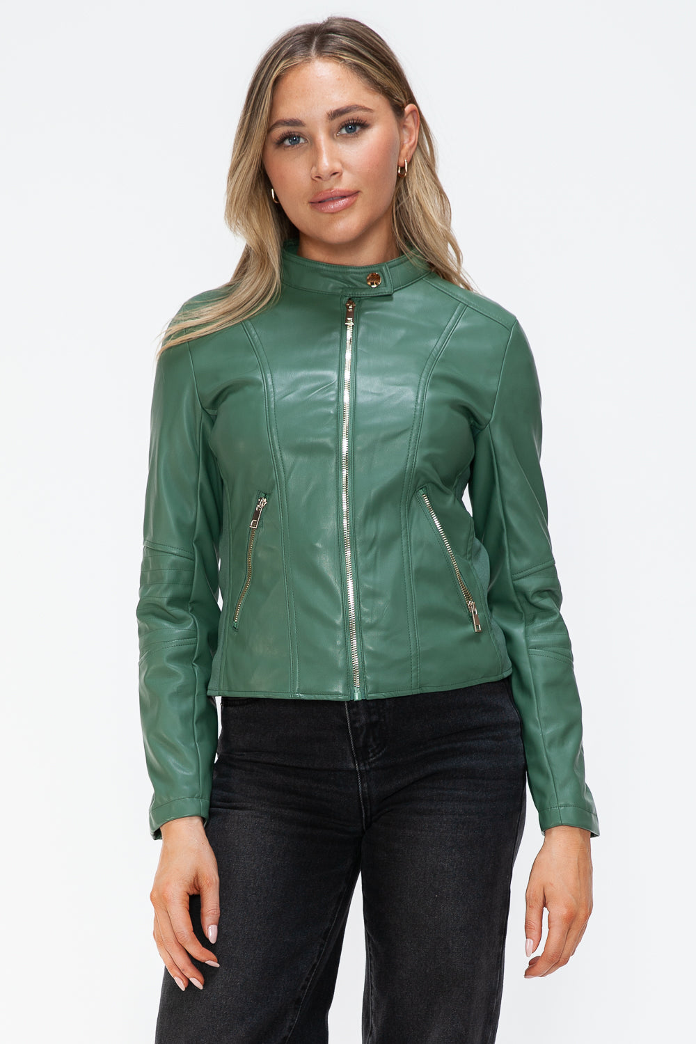 Faux Leather Zip Up Drawstring Hooded Jacket