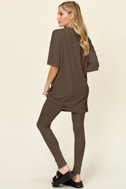 Round Neck Dropped Shoulder T-Shirt and Leggings Set