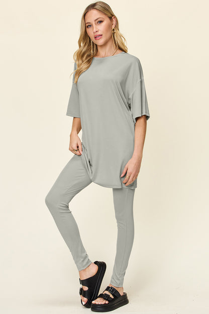 Round Neck Dropped Shoulder T-Shirt and Leggings Set