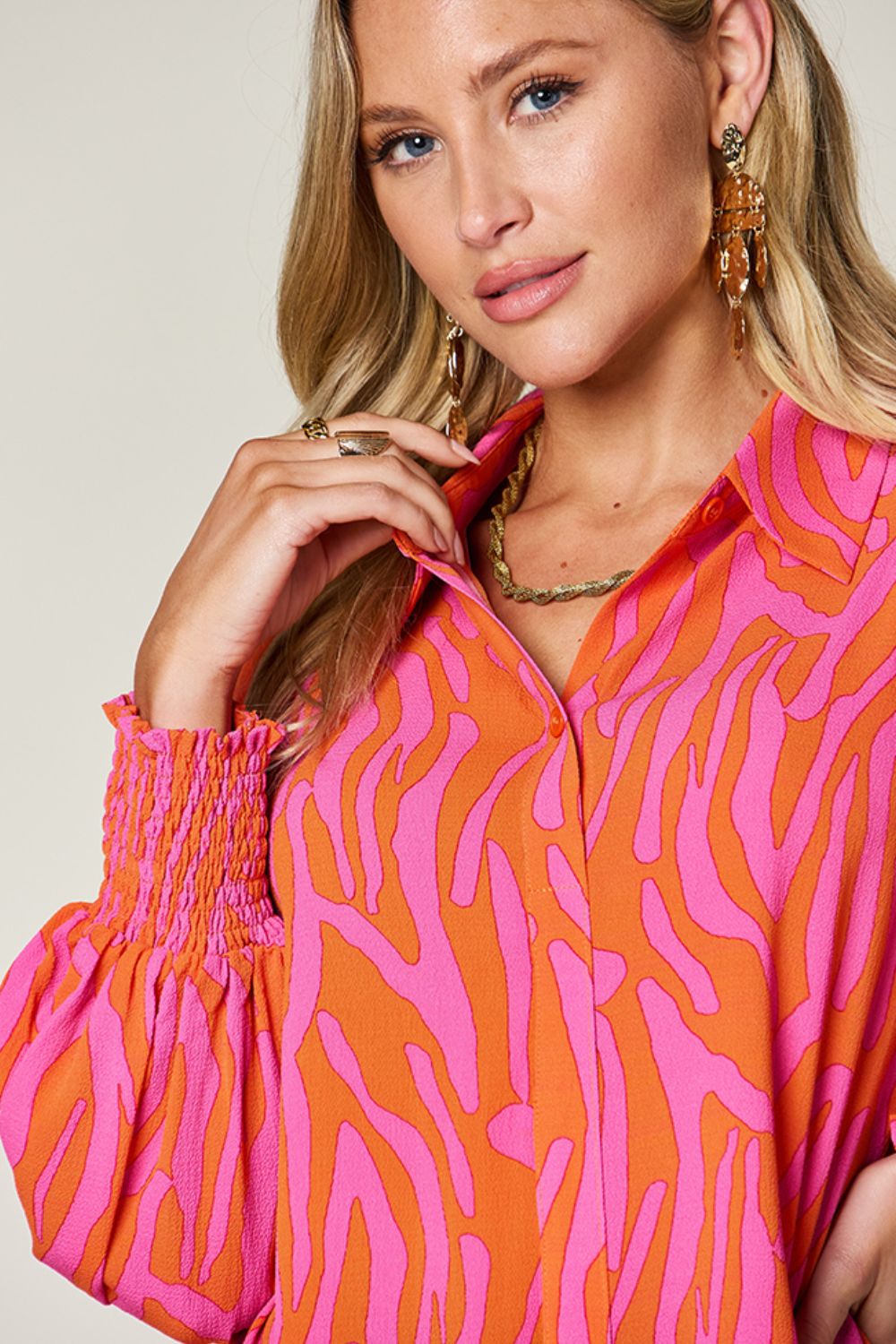 Printed Smocked Long Sleeve Blouse