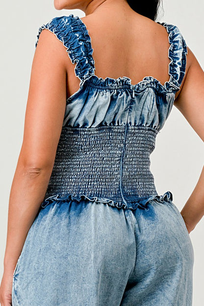 Chambray Charm Ruffled Jumpsuit