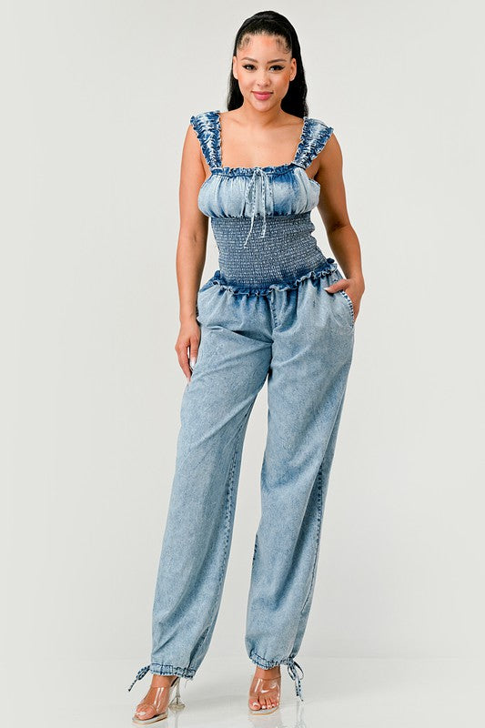 Chambray Charm Ruffled Jumpsuit