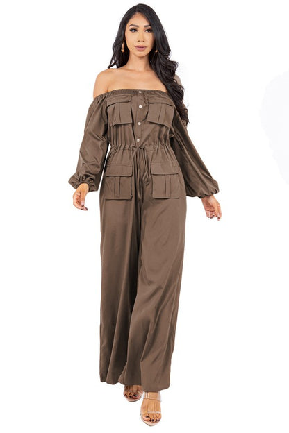 off shoulder long sleeves cargo style jumpsuit