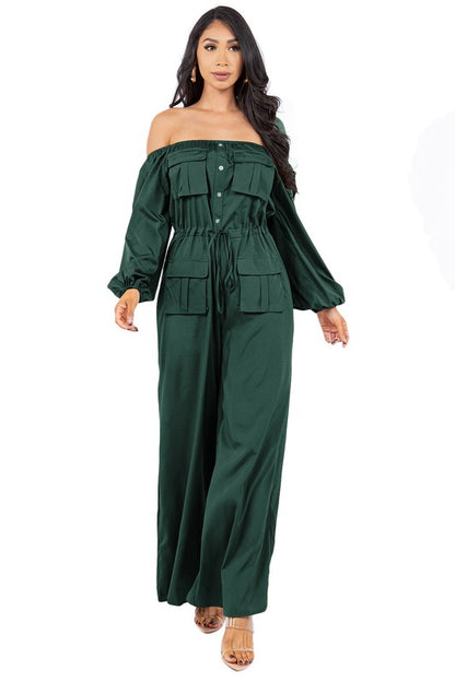 off shoulder long sleeves cargo style jumpsuit