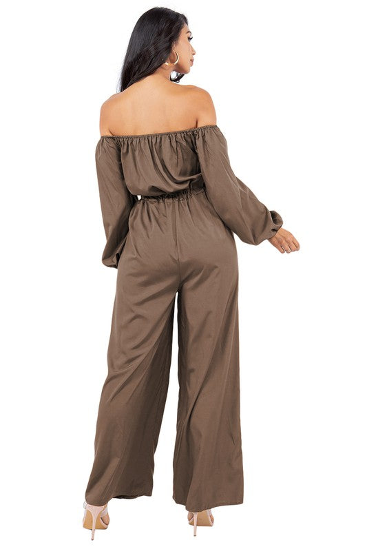 off shoulder long sleeves cargo style jumpsuit