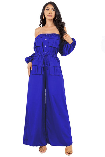 off shoulder long sleeves cargo style jumpsuit