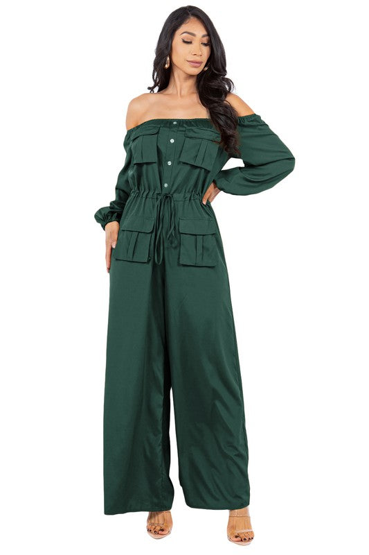 off shoulder long sleeves cargo style jumpsuit