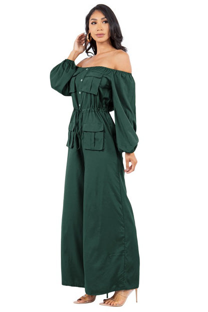 off shoulder long sleeves cargo style jumpsuit