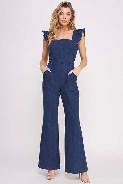 DENIM RUFFLE FLARE LEG JUMPSUIT