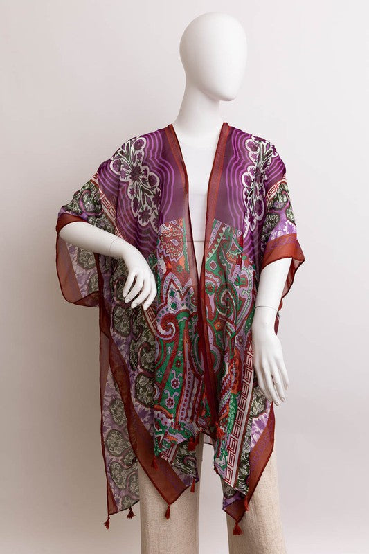 Paisley Print Open Front Kimono w/ Cinched Arms