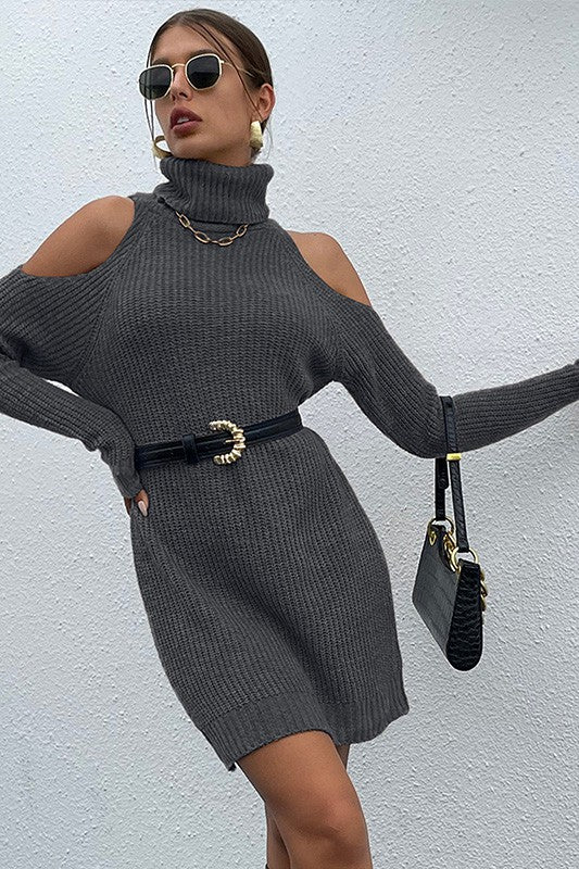 Drak Gray Black Turtleneck Sweater Dress