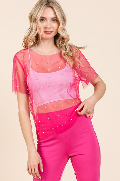 Rhinestone & Pearl Mesh Top