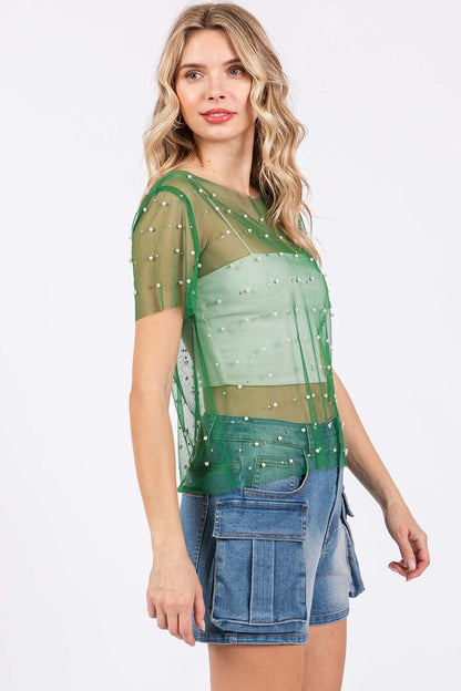 Rhinestone & Pearl Mesh Top