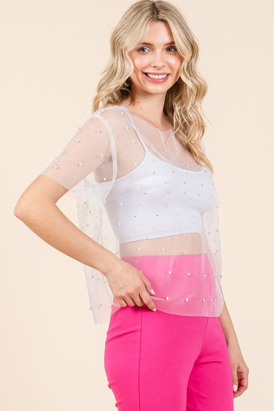 Rhinestone & Pearl Mesh Top