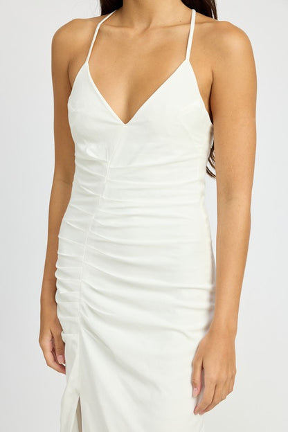 RUCHED SATIN DRESS WITH CROSSED BACK