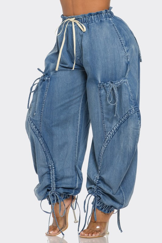 Drawstring Denim Cargo Pants