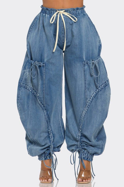 Drawstring Denim Cargo Pants