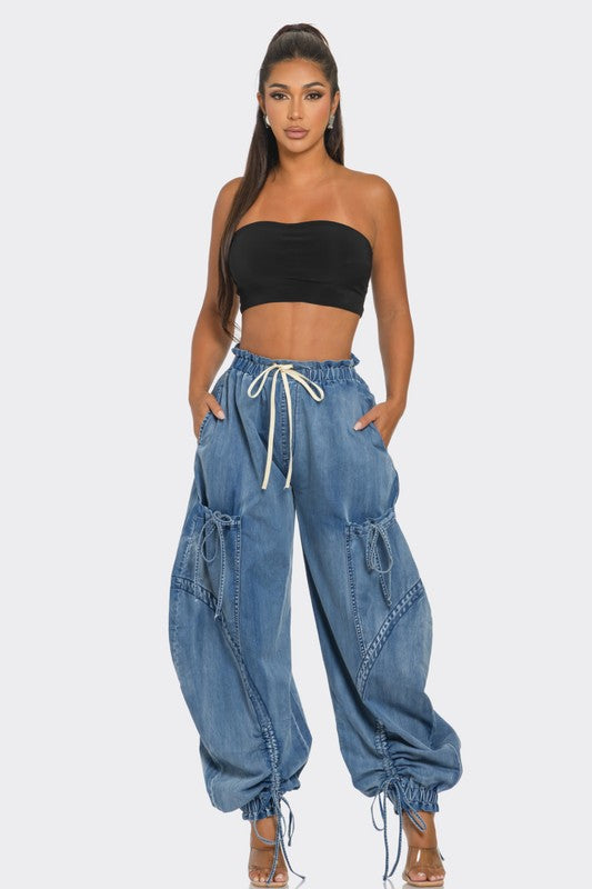 Drawstring Denim Cargo Pants