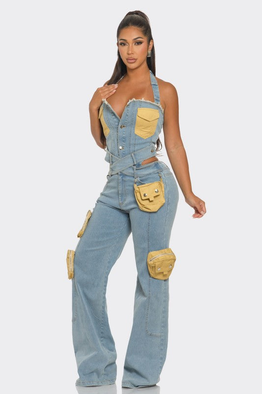 Dual-Tone Utility Denim Jumpsuit