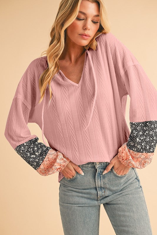 Floral Patchwork Textured Drawstring V Neck Top