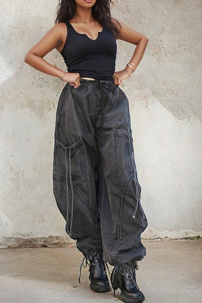 Drawstring Denim Cargo Pants