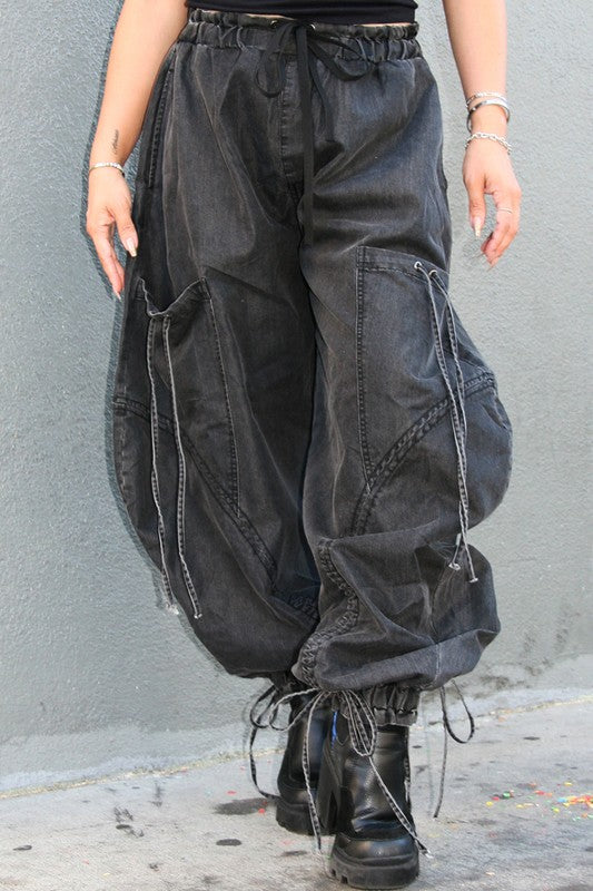 Drawstring Denim Cargo Pants