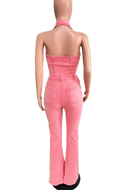 PINK HALTER DENIM JUMPSUIT